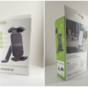 Retail packaging box for quad lock anti-vibration motorcycle phone mount, product package front and side view