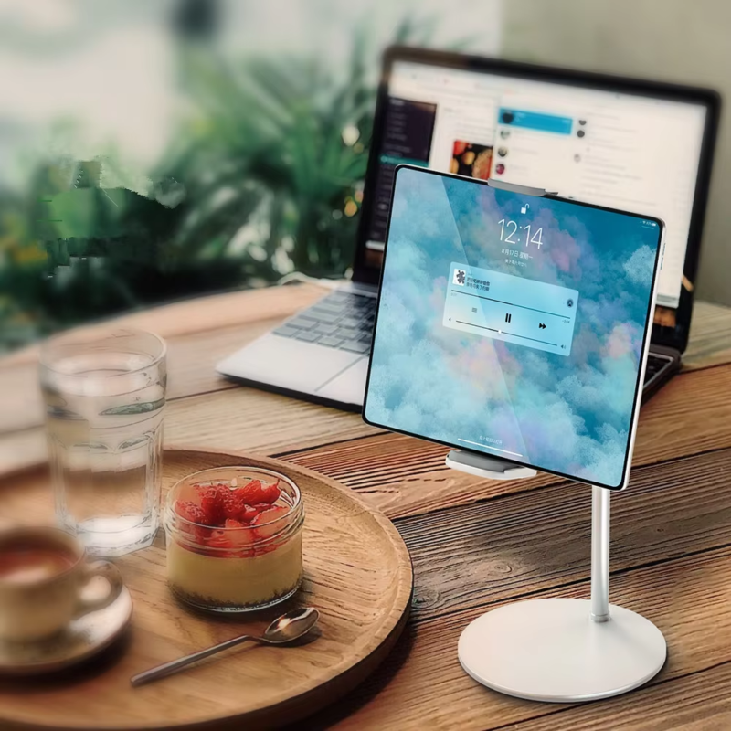 TL01 gooseneck tablet stand in use, desktop holder supporting tablet for office work