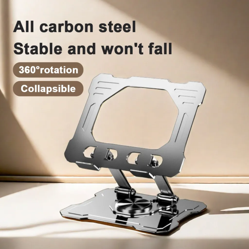 TS02 all carbon steel tablet stand, 360 degree rotatable and collapsible desktop tablet holder