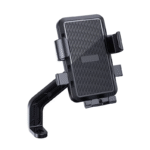 Black rearview mirror mount motorcycle phone holder, sturdy bracket for scooter and electric bike, white background product shot