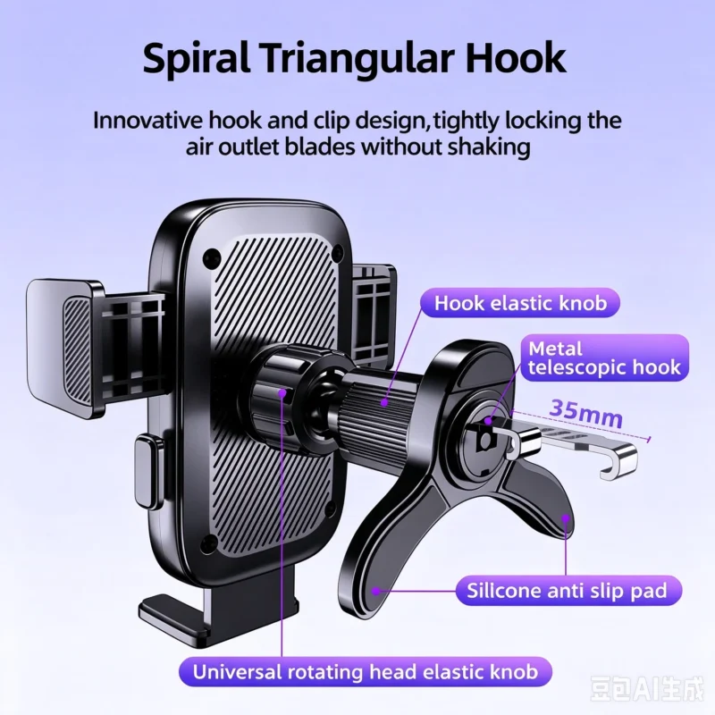 Spiral triangular hook car air vent phone mount with elastic knob and silicone anti-slip pad