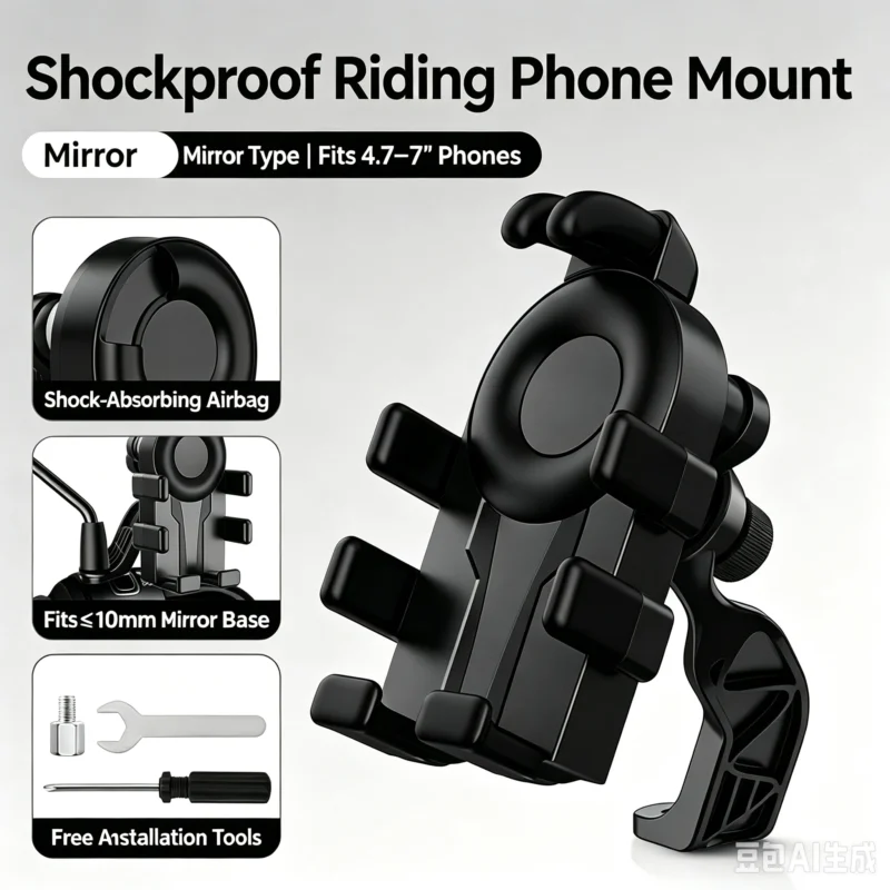 Black shockproof motorcycle mirror type phone mount, shock-absorbing airbag, fits ≤10mm mirror base, compatible with 4.7-7 inch smartphones, includes free installation tools