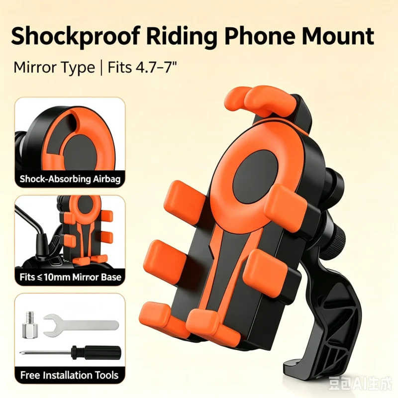Black & orange shockproof motorcycle mirror type phone mount, shock-absorbing airbag, fits ≤10mm mirror base, compatible with 4.7-7 inch smartphones, includes free installation tools