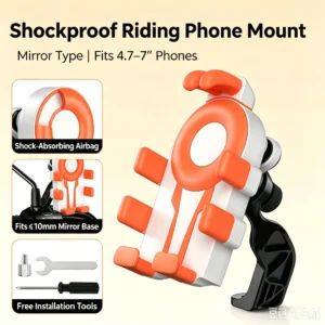 White & orange shockproof motorcycle mirror type phone mount, shock-absorbing airbag, fits ≤10mm mirror base, compatible with 4.7-7 inch smartphones, includes free installation tools