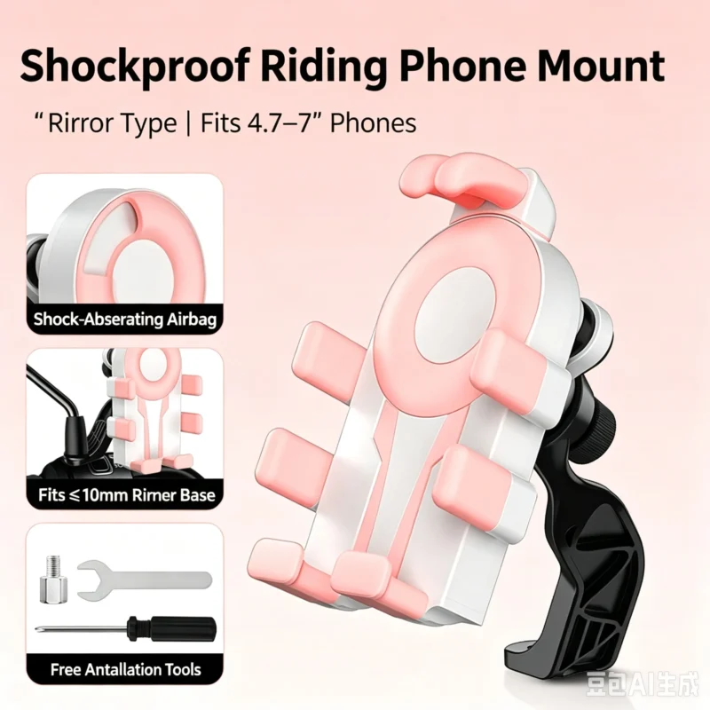 White & pink shockproof motorcycle mirror type phone mount, shock-absorbing airbag, fits ≤10mm mirror base, compatible with 4.7-7 inch smartphones, includes free installation tools