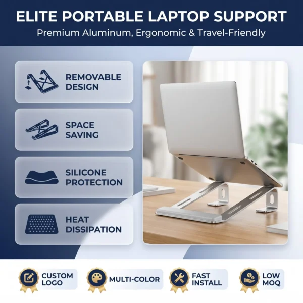 Aluminum ergonomic laptop stand, removable design, heat dissipation, silicone protection, multi color, custom logo, low moq portable laptop riser