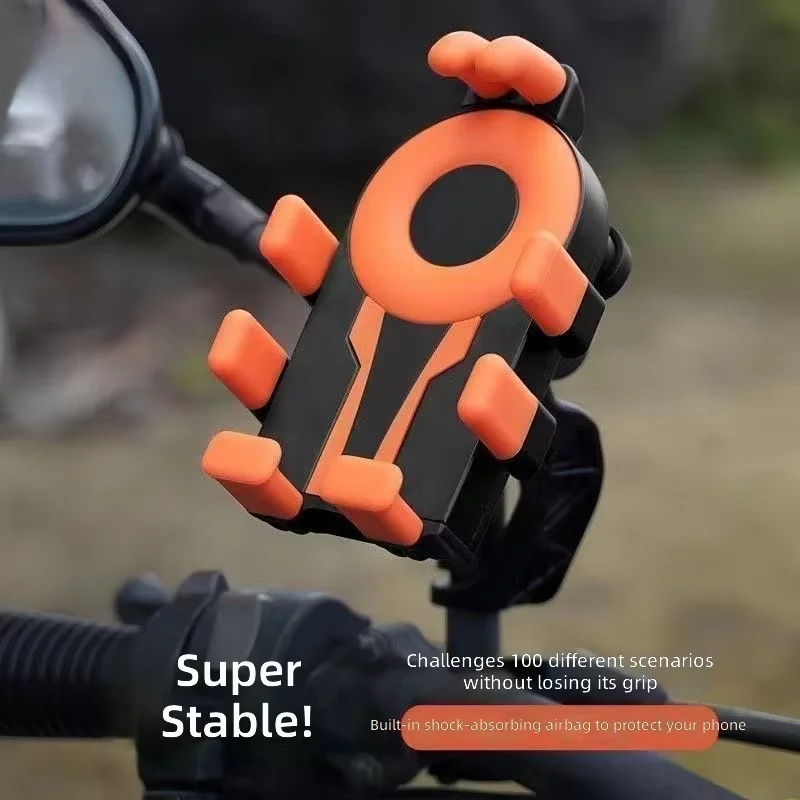 Black orange 8-claw motorcycle phone mount installed on rearview mirror, super stable with built-in shock absorbing airbag