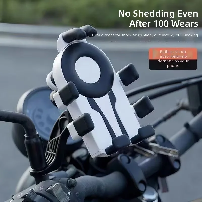 White black 8-claw motorcycle phone holder mounted on rearview mirror, dual airbags shock absorption, anti-fall for riding