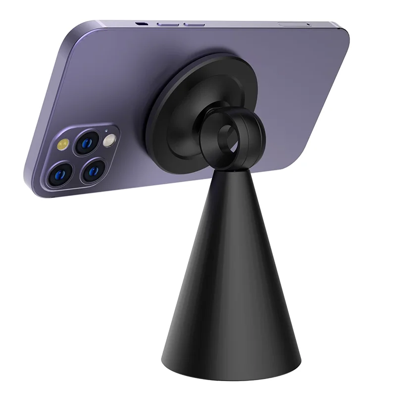Black magnetic phone stand for desk, holding smartphone, rotatable foldable design