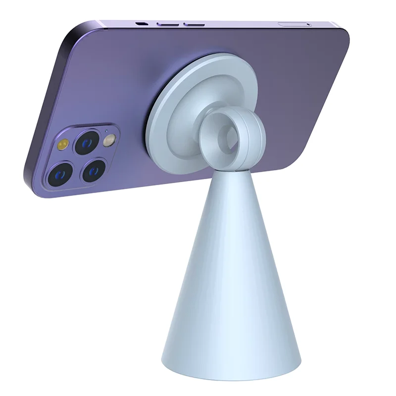 Light‑blue magnetic desk phone stand supporting mobile phone, tilt adjustable