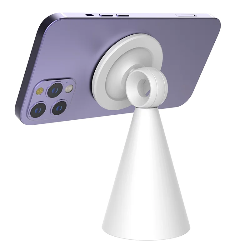 White magnetic desk phone stand with smartphone attached, adjustable angle