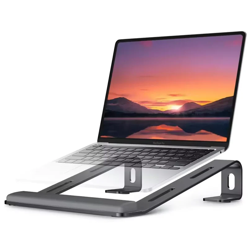 Black aluminum laptop stand with detachable wrist support, ergonomic desk computer riser