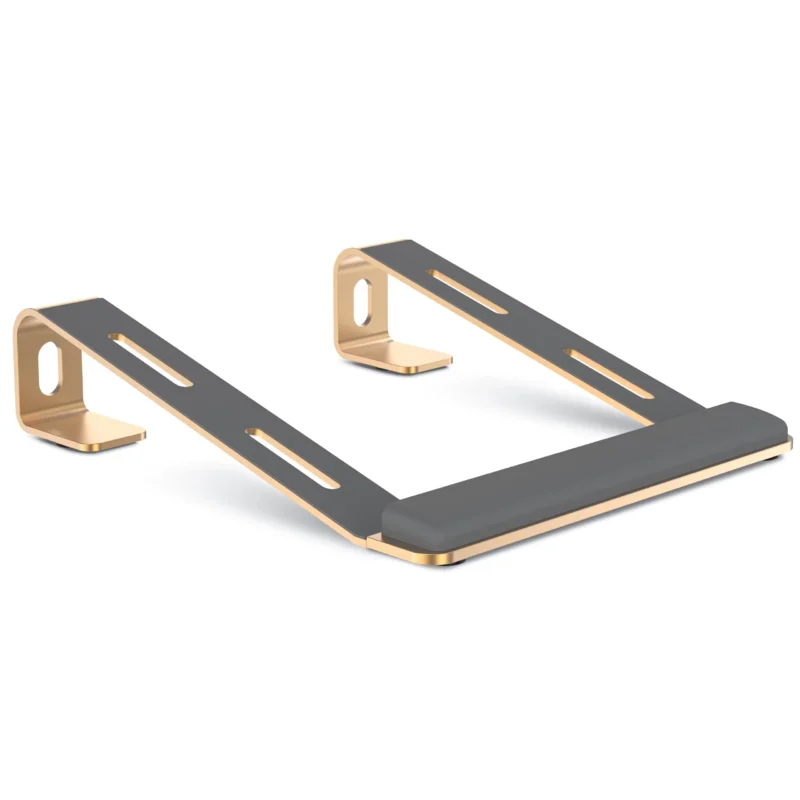 Gold aluminum laptop stand with detachable wrist support, ergonomic desk computer riser