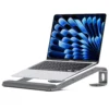 Grey aluminum laptop stand with detachable wrist support, ergonomic desk computer riser