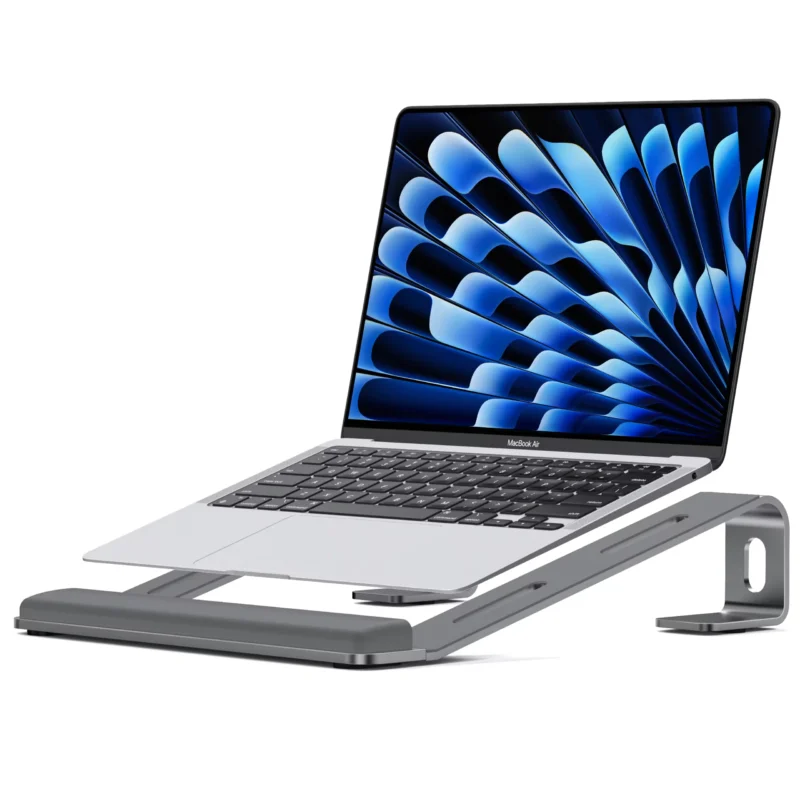 Grey aluminum laptop stand with detachable wrist support, ergonomic desk computer riser