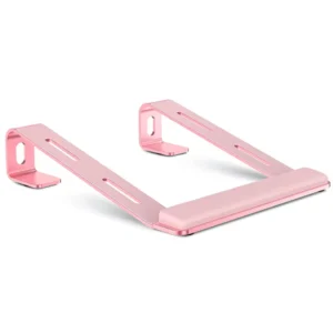 Pink aluminum laptop stand with detachable wrist support, ergonomic portable laptop riser for desk