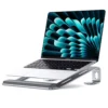 Silver aluminum laptop stand with detachable wrist support, ergonomic desk computer riser
