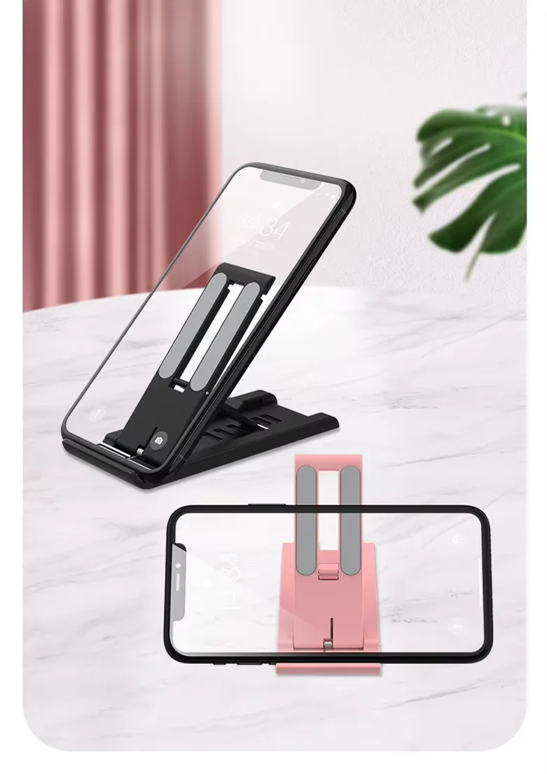 Macaron foldable desk phone holder, dual angle display with black and pink stands