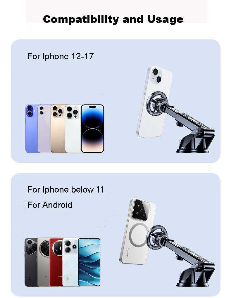 Magnetic car phone holder compatibility chart, works for iPhone 12-17, older iPhone and Android phones with magnetic ring case