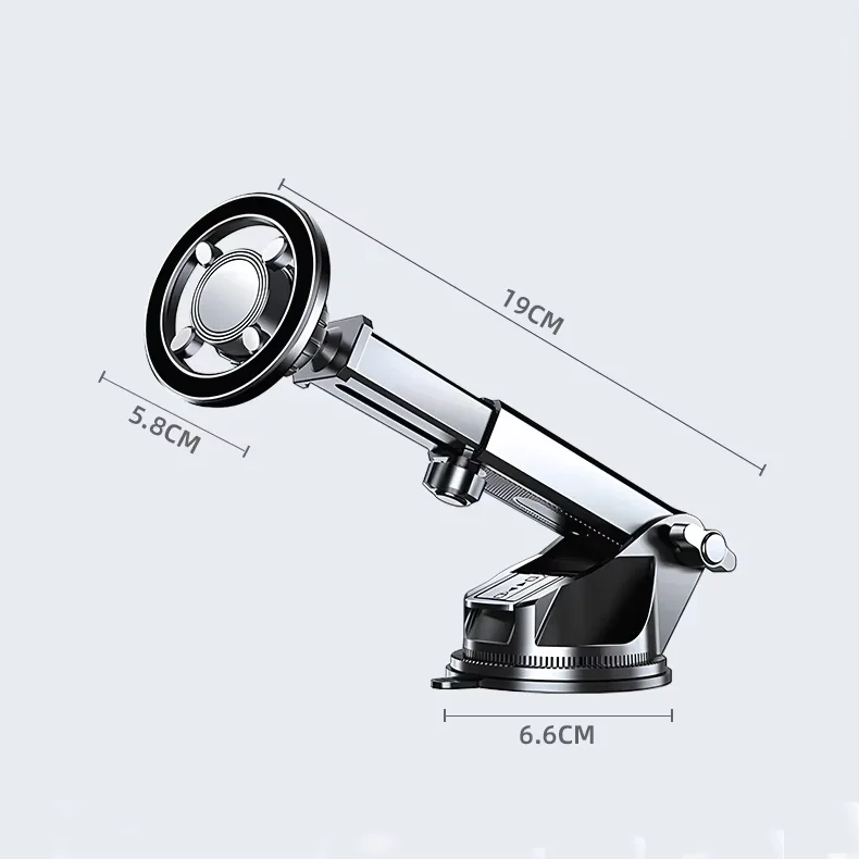 Magnetic telescopic car phone mount dimension drawing, shows 19cm, 5.8cm, 6.6cm product size specifications