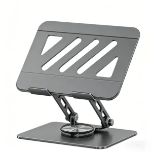 Model TS01 carbon steel tablet stand, gray adjustable desktop holder with 360° swivel base