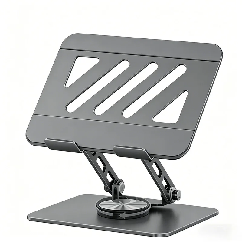 Model TS01 carbon steel tablet stand, gray adjustable desktop holder with 360° swivel base