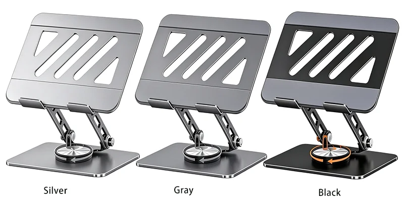 Model TS01 carbon steel tablet stand, silver gray black three color options with 360° swivel base