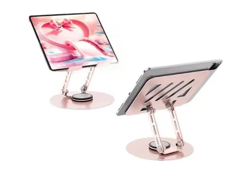 TS03 pink carbon steel tablet stand front and back view, 360° rotatable foldable desk holder