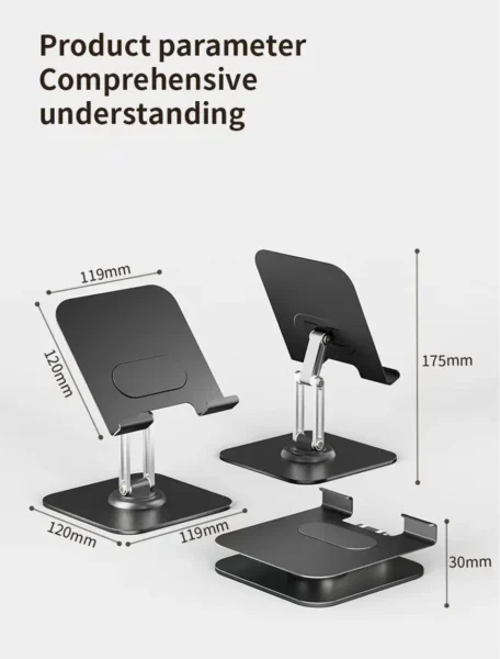 Carbon steel tablet stand dimension drawing, product specifications and material info