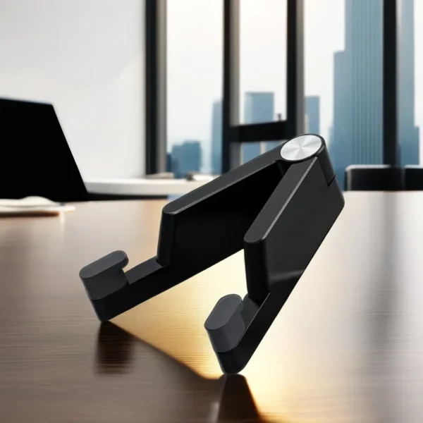 Black V shape aluminum phone stand placed on office desk with city background