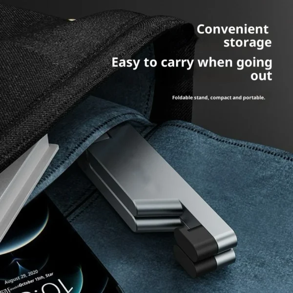 Foldable metal phone stand stored inside backpack, compact portable design for travel