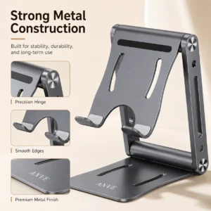 Aluminum desktop phone tablet stand feature chart, strong metal construction with precision hinge