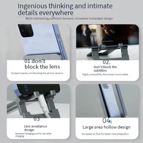 Foldable aluminum phone stand with humanized details, no block camera & charging port