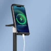 lose-up of height adjustable phone tablet desk stand, reserved charging cable cutout for charging while using